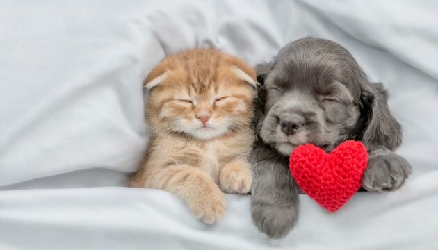 Tiny kitten and cozy English Cocker spaniel puppy sleep together under white warm blanket on a bed at home with red heart. Top down view. Empty space for text
