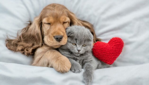 Cute tiny Toy Poodle puppy hugs happy tabby kitten under white warm blanket on a bed at home