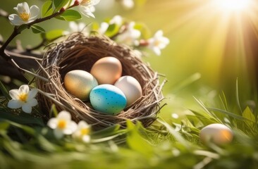 Colorful Easter eggs in a nest surrounded by grass and flowers, in the rays of the sun. Holiday Easter card