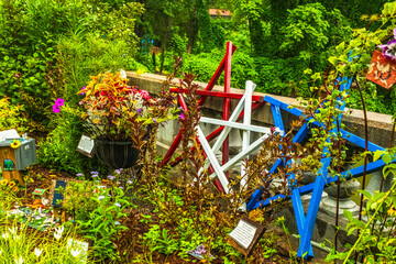 Yard decorations at Flowering Bridge Garden, Lake Lure North Carolina