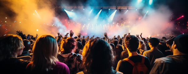 People standing on the concert with raised up hands. Concept of the festivals, music shows and...