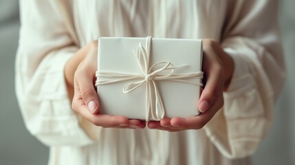 hands holding a gift with minimalist background. holidays concept