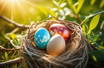 Fototapeta premium Colorful Easter eggs in a nest surrounded by grass and flowers, in the rays of the sun. Holiday Easter card