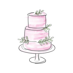 Elegant doodle three tier cake with eucalyptus leaves. Hand drawn watercolor celebration design.