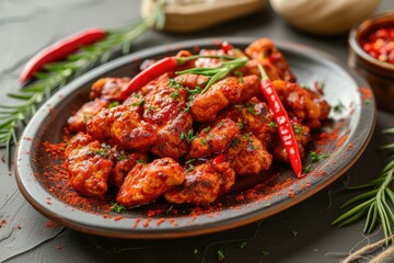 A delectable dish bursting with bold flavors, featuring a medley of tender meats and vibrant vegetables, all drenched in a fiery red sauce and sprinkled with fiery chili peppers