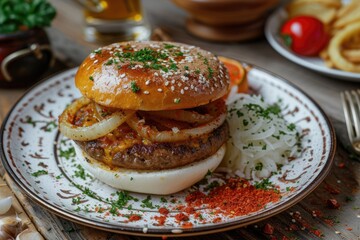 A delicious american meal of a juicy burger topped with savory onions and served with crispy noodles on a plate, accompanied by a side of golden french fries and a tangy tomato condiment, perfect for