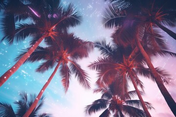 Palms silhouettes at neon sunset sky. Night landscape with palm trees on beach. Creative trendy summer tropical background. Vacation travel concept. Retro, synthwave, retrowave style. Rave party