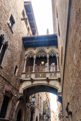 The Pont del Bisbe (Bishop's Bridge), a Gothic bridge built in 1928 connecting the Palau de la Generalitat with the House of Canons in Gothic Quarter of Barcelona, Spain