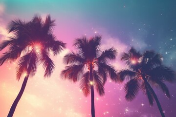 Palms silhouettes at neon sunset sky. Night landscape with palm trees on beach. Creative trendy summer tropical background. Vacation travel concept. Retro, synthwave, retrowave style. Rave party - obrazy, fototapety, plakaty
