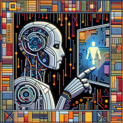 Obraz premium felt art patchwork, AI cyborg machine learning and artificial intelligence concept