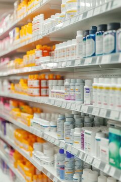 A pharmacy shelves displaying a diverse range of pharmaceuticals for various health needs