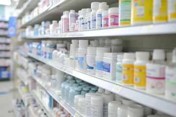 A pharmacy shelves displaying a diverse range of pharmaceuticals for various health needs - obrazy, fototapety, plakaty