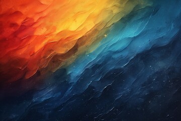 Abstract art focusing on grainy gradients. A canvas where fine, sand-like grains blend through a spectrum of colors, from deep blues to vibrant oranges, mimicking the transition from night to day.