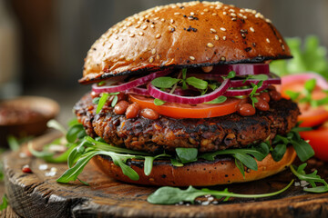 A vegan black bean burger, providing a plant-based and protein-rich alternative to meat. Concept of...