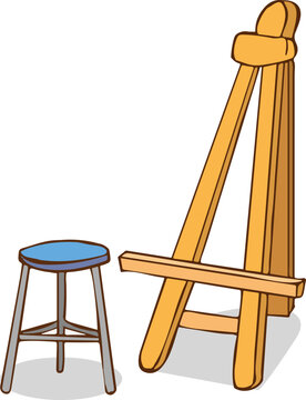 Easel and chair, artists' workplace. Wooden tripod , drawing artistic tools, things. Flat graphic vector illustration isolated on white background