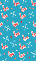 Valentine's Day seamless pattern. Vertical blue template with arrows and hearts. Love.
