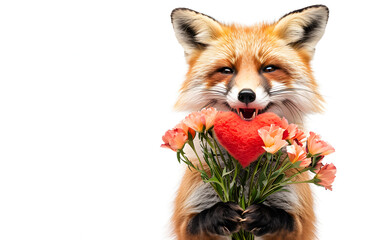 red fox with a bouquet and heart 