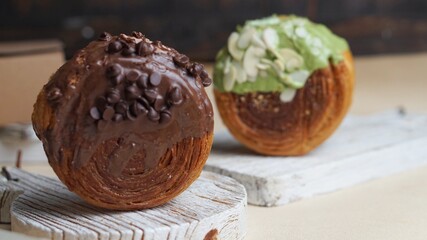 Selective focus Cromboloni is a Croissant Bomboloni bread