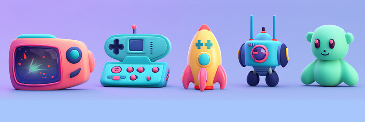 Kids toys 3D vector icon set featuring a portable console, robot toy, rocket, teddy bear, joystick, UFO toy, spaceship, and baseball bat