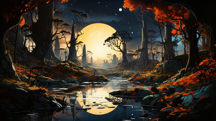 fantasy landscape with moon and clouds