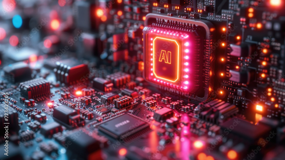 Poster modern ai processor on circuit board, neon glowing core of artificial intelligence machine on tech l