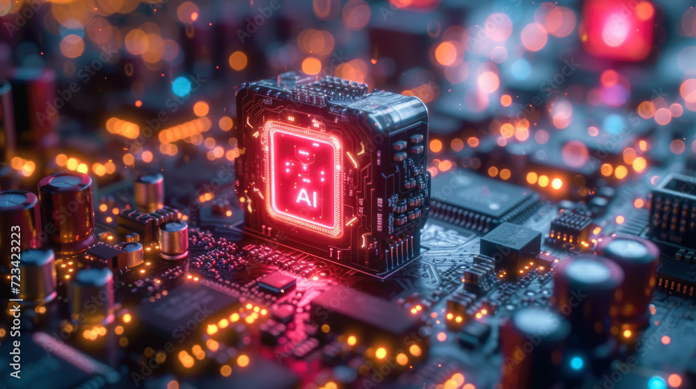 Poster neon glowing ai processor on circuit board, futuristic core of artificial intelligence on bokeh ligh