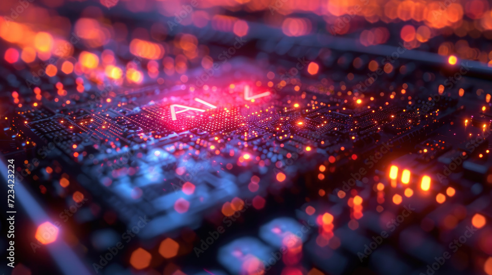 Poster modern ai processor on circuit board, neon glowing core of artificial intelligence machine on tech l