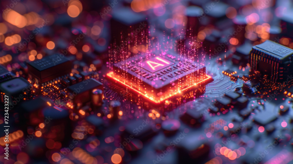 Poster futuristic ai processor on circuit board, neon glowing core of artificial intelligence machine on li