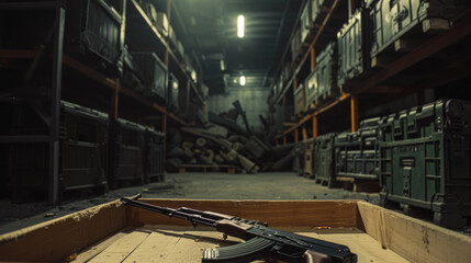 Warehouse with weapon and army equipment, assault rifle is in wooden box in dark storage. Illegal smuggle arsenal of guns. Concept of war, military, background, violence, package - obrazy, fototapety, plakaty