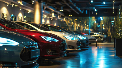 Luxury new cars in dealership salesroom, modern shiny vehicles for sale in showroom. Night reflections and lights background. Concept of shop, store, retail, rent, lease