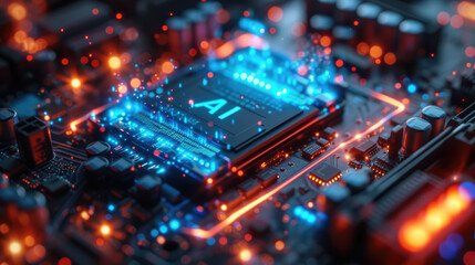 Obraz premium Futuristic AI processor and bright blue energy on circuit board, neon glowing core of artificial intelligence on lights background. Concept of computer technology, chip, data,