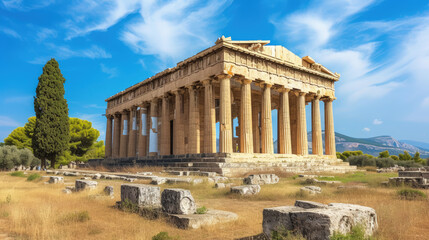 Ancient temple in summer in Greece, classical Greek ruins on blue sky background, landscape with old building and stones. Theme of past civilization, travel, history and culture