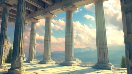 Photo sur Plexiglas Vieil immeuble Columns of Ancient temple at sunset in Greece, classical Greek ruins on sunny sky background, scenery of old building and mountain. Theme of antique, past civilization, travel