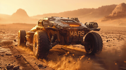 Mars rover drives on desert, futuristic vintage car moves on Martian surface, racing vehicle on road of sandy planet. Concept of technology, mission, science, future