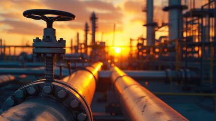 Pipeline of refinery plant and valve at sunset, perspective view of gas or oil pipes of petrochemical factory. Scenery of tube lines, sun and sky. Concept of energy, industry, power - obrazy, fototapety, plakaty
