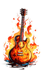 Guitar on fire, isolated on white background