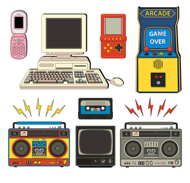 Set of 90s 00s retro devices. Vintage TV, computer, arcade game console, telephone, games. Nostalgia for 1990s.