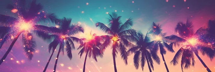 Fotobehang Palms silhouettes at neon sunset sky. Night landscape with palm trees on beach. Creative trendy summer tropical background. Vacation travel concept. Retro, synthwave, retrowave style. Rave party © ratatosk