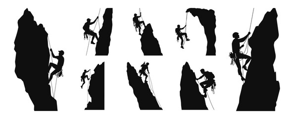 People man woman rock climbing vector silhouette of indoor outdoor free climbers collection	 - obrazy, fototapety, plakaty