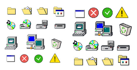 Pixel interface icons 90s. Retro user interface elements 90s style. 90s retro user interface elements.