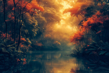 Light shines through trees in a beautiful misty landscape, in the style of exotic fantasy, dark orange and gold foliage, hyper-realistic.