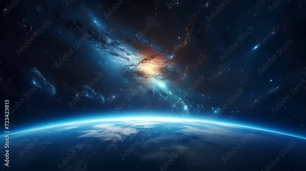 Wall mural Blue space background with earth planet satellite view