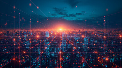 Fototapeta premium Vibrant Cityscape at Night With Illuminated Skyscrapers and Crisscrossing Light Trails