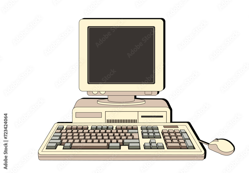 Fototapete retro computer with screen and keyboard. computer 80-90s. front faced. cartoon style. linear retro s