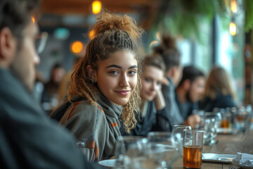 A language exchange meetup with participants practicing and teaching each other their native languages. Concept of linguistic diversity and communication. Generative Ai.