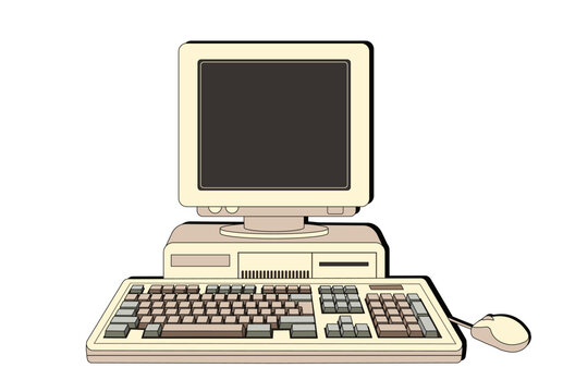 Retro computer with screen and keyboard. Computer 80-90s. Front faced. Cartoon style. Linear retro style