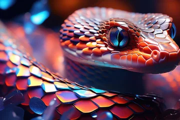 Fotobehang The snake is the symbol of year 2025. A cute little snake with big eyes with sparkling scales and precious stones, sparks. Calendar new year 2025. © P
