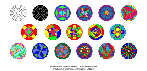 Abstract Spectrum: Geometric Shapes Collection - Vibrant Circles Vector Illustration. Playful geometric shapes: Circles inter and dance across the canvas, creating a sense of movement.