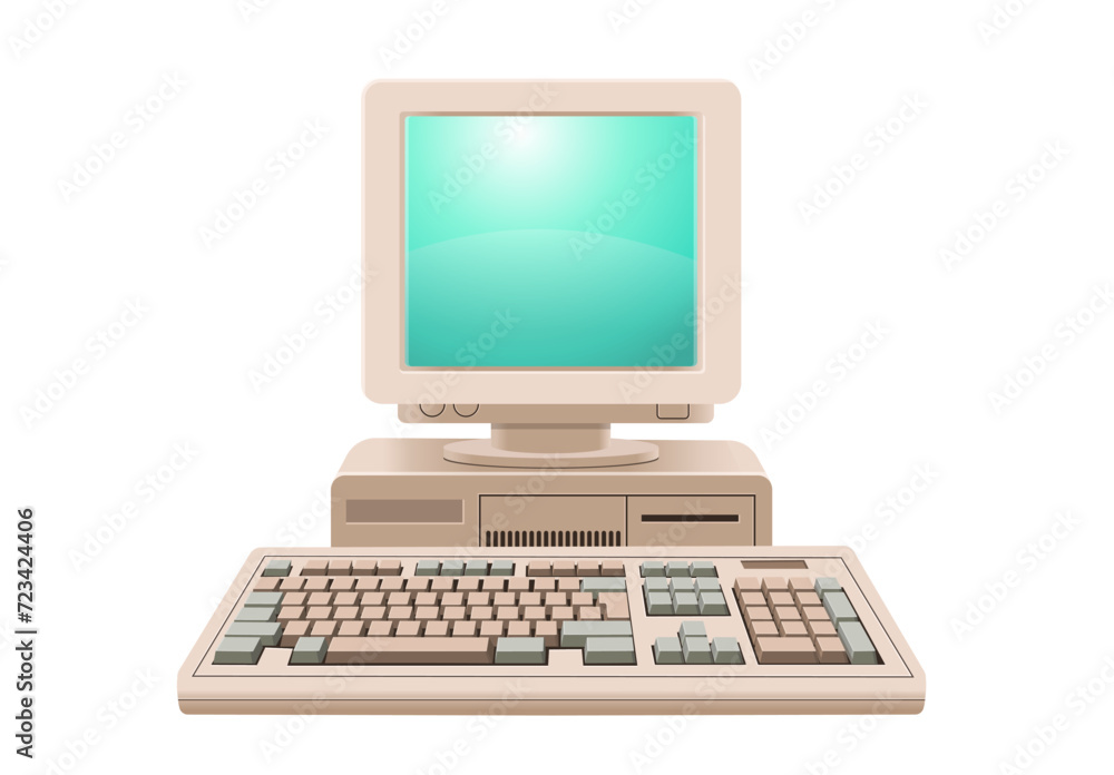 Poster retro computer with screen and keyboard. computer 80-90s. front faced. cartoon style.