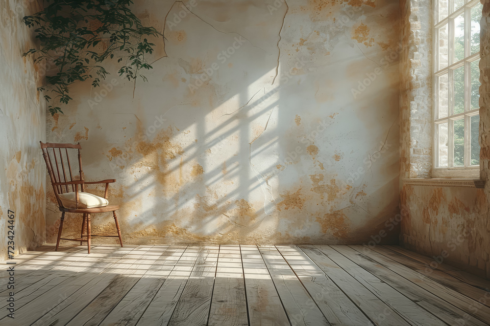 Poster a sparse room with a single chair near a window, capturing the mood of solitude and introspection. c